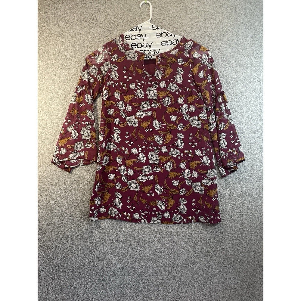 Xhilaration Watercolor Silky Floral Blouse Tunic Smocked Patchwork Top Size L